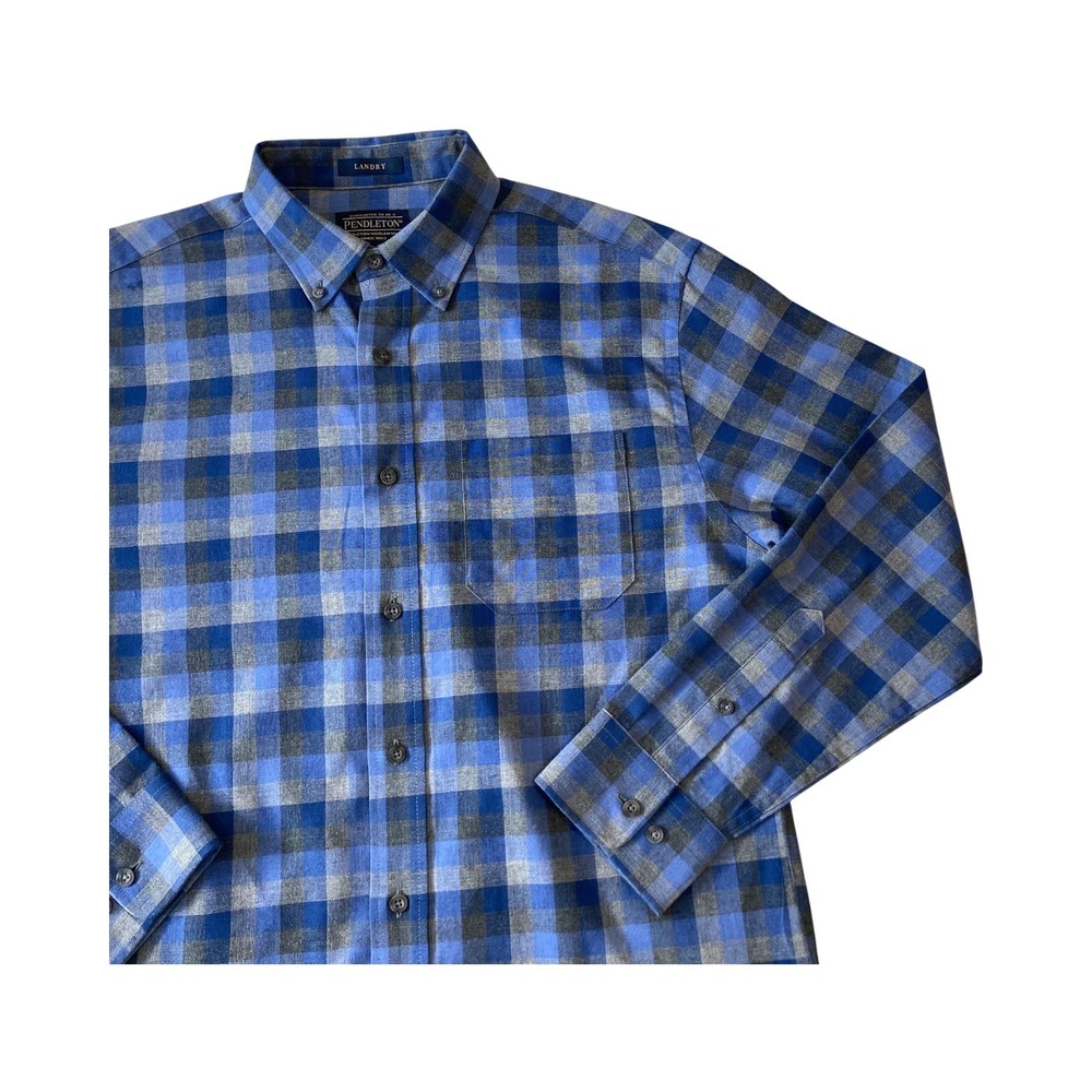Pendleton Woolen Mills Landry Mens Blue Gray Plaid Button Down Long Sleeve Shirt